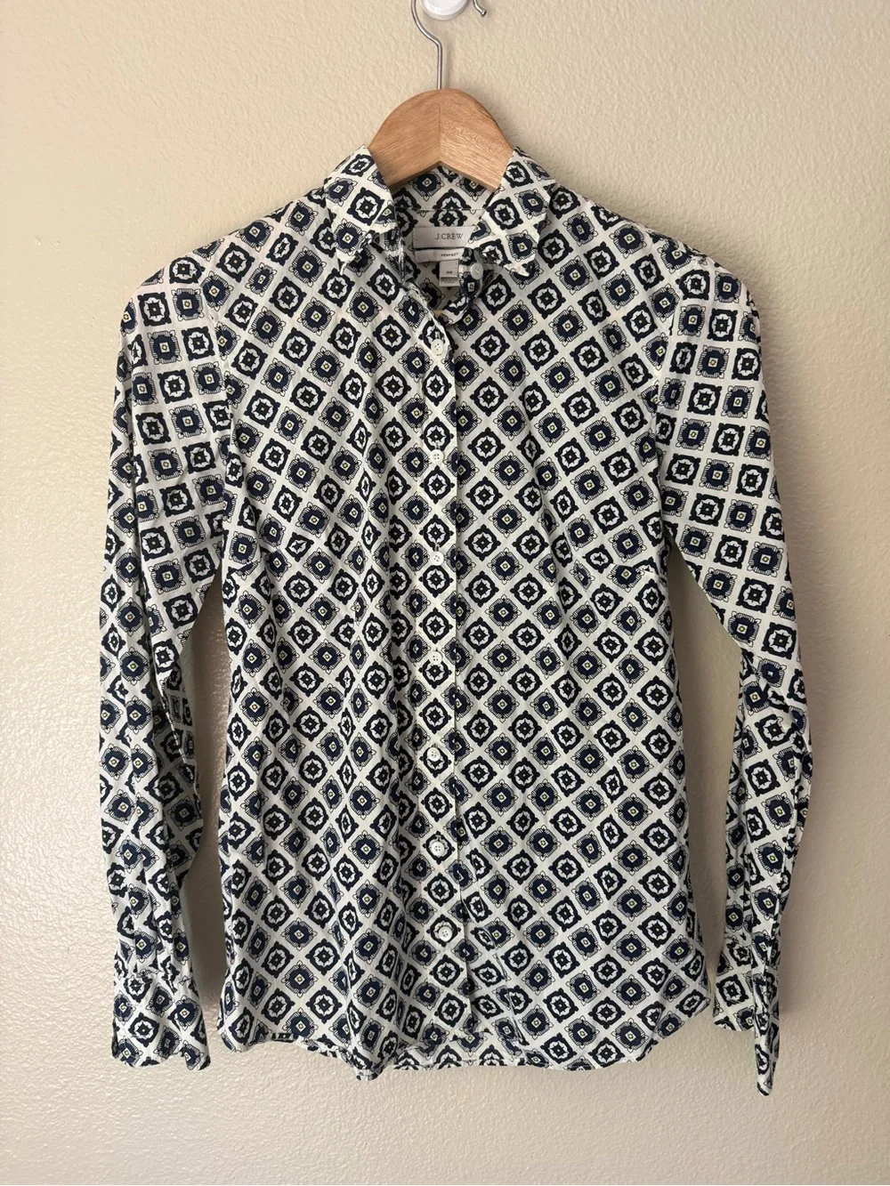 J. Crew Navy and Cream Geometric Print Button-Down Shirt